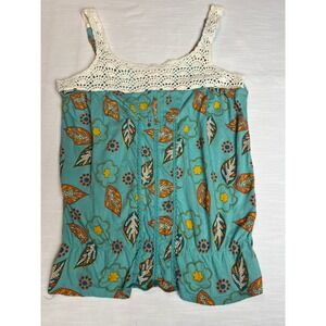 Decree Boho Teal Leaf Floral Tank Top with White Crochet Lace Straps